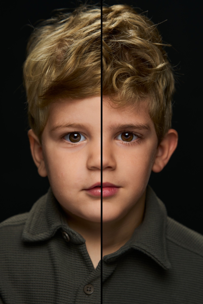 Dit mooie 2in1 portret laat mooi zien hoe krullend haar en een natuurlijke uitstraling samenkomen in één beeld. Een leuke en creatieve manier om een kinderportret vast te leggen.